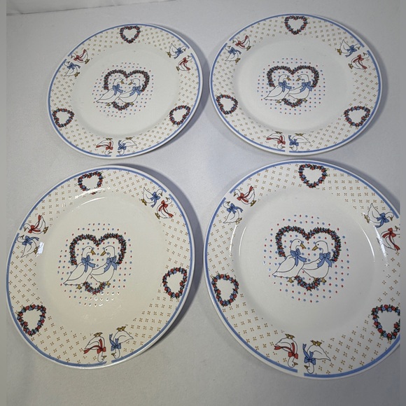 Vintage Geeseland Goose Plates Set of 4 Heart Floral Country Farmhouse 1999
